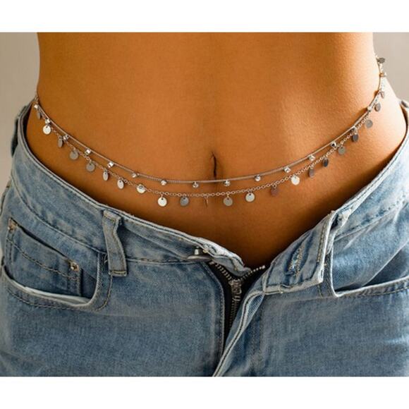 2/$30 Belly Chain Waist Chain Silver Tone Dual Layer NEW Circles Rhinestones - Picture 7 of 7